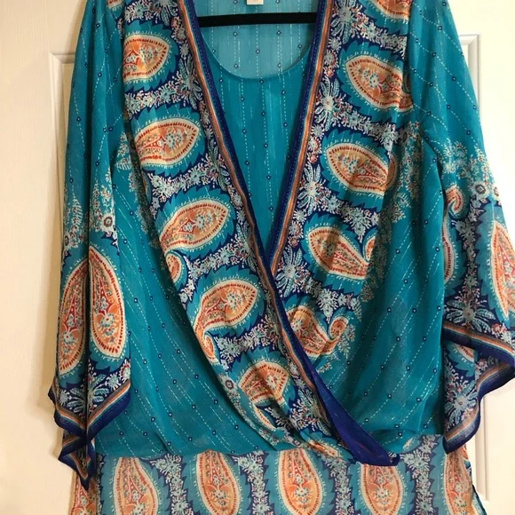 Chico's Teal and Navy Patterned Top - Picture 1 of 8